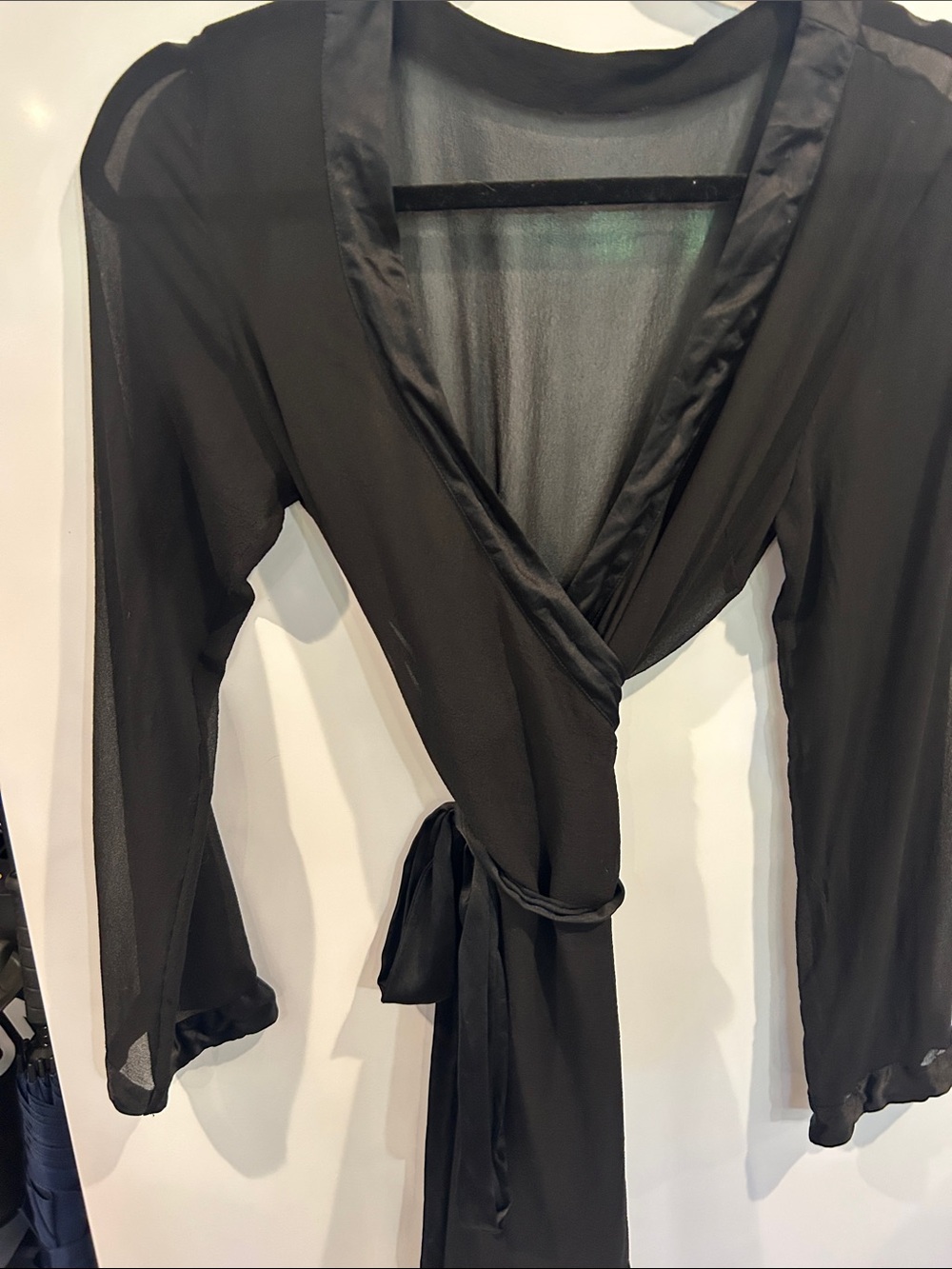 Black Sheer Wrap Robe with satin Waist Tie satin sleeve cuffs